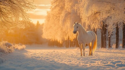 Poster - White Horse in a Snowy Winter Wonderland