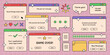 © Diana Berber - Retro pixel computer screens, set of vintage opened pc windows, user interface with short phrases and items on the grid pattern. Vector illustration.