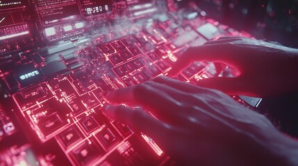Poster - Hands Interacting with a Futuristic Red-Lit Interface