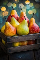 Fresh pear fruit in wooden crate