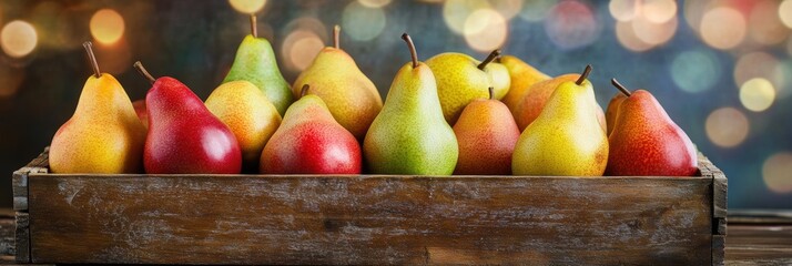 Wall Mural - Fresh pear fruit in wooden crate in orchard plantation farm