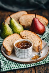 Wall Mural - Fresh homemade pear jam on breakfast bread with pear fruit