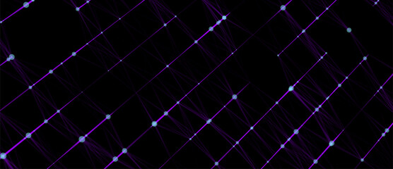 Poster - Abstract grid with blue light on black background. Science background with moving dots and lines. Network connection technology. Digital structure with particles. Vector illustration.