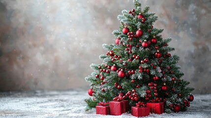 Wall Mural - Christmas Tree with Red decorations and Gifts. Holiday concept on White background with copy-space. 