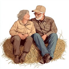 Elderly couple sitting on hay bales, sharing a moment on the farm, vintage style, warm colors, isolated on white background