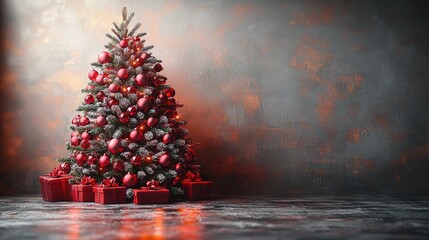 Wall Mural - Christmas Tree with Red decorations and Gifts. Holiday concept on White background with copy-space. 