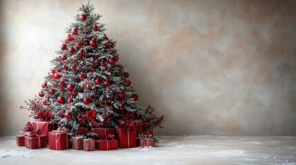 Wall Mural - Christmas Tree with Red decorations and Gifts. Holiday concept on White background with copy-space. 