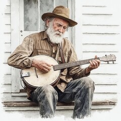 Old man playing a banjo on a farm porch, folk art style, muted colors, isolated on white background