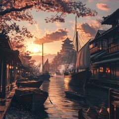 Sticker - A tranquil evening at a japanese harbor.