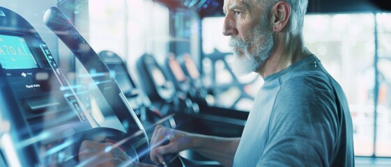 An elderly man exercises on a treadmill, displaying determination and focus, set against the backdrop of a modern gym.