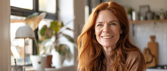 A woman with red hair smiles warmly in a cozy, sunlit kitchen filled with plants, conveying a feeling of homeliness and happiness.