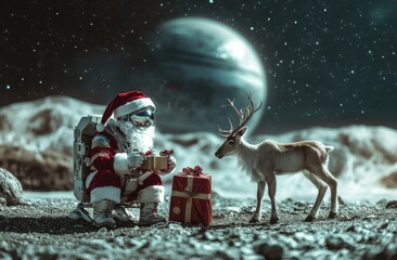 Poster - Santa Claus in an astronaut suit on the moon, sitting with gifts next to him are reindeer, the planet visible behind them.