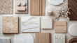 © PickYourMockupAI - Flat Lay of Interior Design Samples: Marble, Wood, and Stone in Earthy Tones