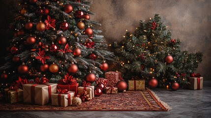 Wall Mural - Christmas Tree with Red decorations and Gifts. Holiday concept on White background with copy-space. 