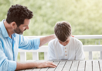 Canvas Print - Advice, support and sad with father and son for love, compassion and helping others. Conversation, mental health and trust with people in family home for talking, listening and discussion together