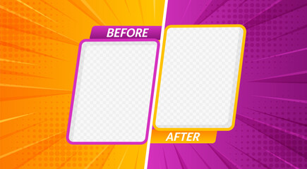 Wall Mural - Before after template. Vibrant borders or photo frames for comparison in cartoon retro comic style with dynamic orange and purple halftone backgrounds, showcasing transformations or progress changes