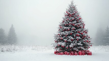 Wall Mural - Christmas Tree with Red decorations and Gifts. Holiday concept on White background with copy-space. 