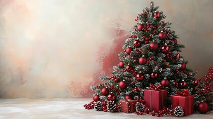 Wall Mural - Christmas Tree with Red decorations and Gifts. Holiday concept on White background with copy-space. 