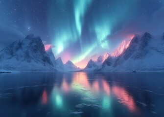 Poster - Aurora Borealis Above Snowy Mountains