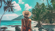 © OleksandrZastrozhnov - A pretty woman in a hat and a light dress stands on the ocean coast. A female tourist walks along the sandy beach of a tropical island.