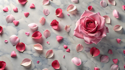 Marble background with scattered pink and red rose petals and large pink rose on the right, romantic aesthetic