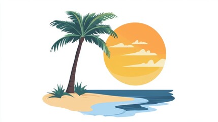 Flat Vector illustration of coconut tree with leaf and sun