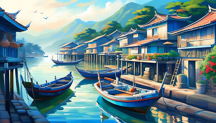 Wall Mural - Peaceful seaside town with docked boats and silhouette of buildings