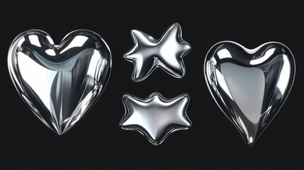 Poster - Shiny metallic heart and star shapes arranged on a dark background, showcasing a modern and artistic design