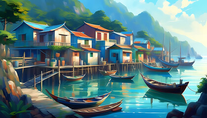 Wall Mural - Peaceful seaside town with docked boats and silhouette of buildings