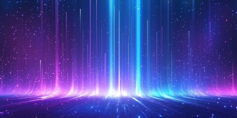 Purple and blue gradient lights arranged in vertical lines with glowing dots, creating an abstract futuristic tech-inspired background with vivid lighting effects.