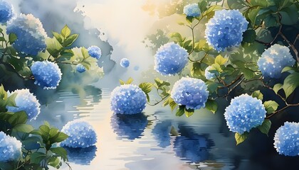 Enchanting floating hydrangea blossoms in a dreamy watercolor landscape