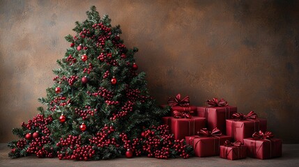 Wall Mural - Christmas Tree with Red decorations and Gifts. Holiday concept on White background with copy-space. 