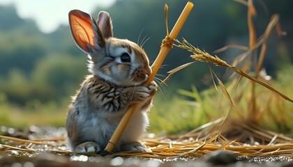 Wall Mural - Whimsical rabbit clinging to straw in a vibrant animated nature landscape