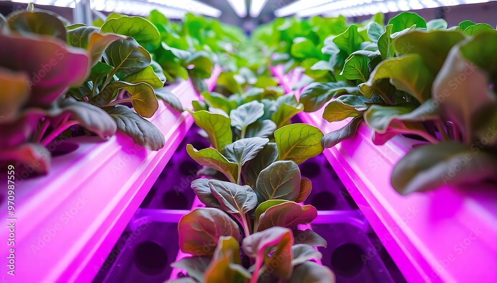A hydroponic farming rack, growing green spinach under ultraviolet ...