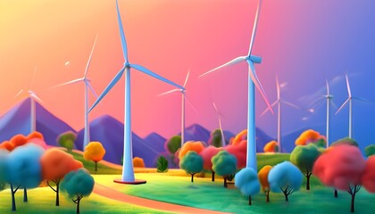 Whimsical Technicolor Illustration of Innovative Vertical Wind Turbine Harnessing the Power of Breezes