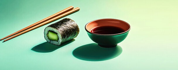 Japanese Sushi roll with cucumber, soy sauce bowl, chopsticks on color background with shadow and copy space