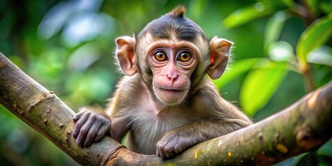 A playful, expressive monkey sits upright on a branch, looking directly at the camera with bright, curious eyes and a charming, mischievous grin.