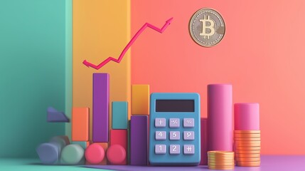 Poster - Colorful cryptocurrency concept with a calculator, bar graph, and Bitcoin symbol representing financial growth and investment dynamics