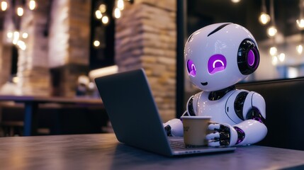 Wall Mural - Adorable ai robot with purple features enjoying coffee in modern café