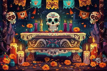 A colorful market stall filled with Day of the Dead skulls and vibrant marigold flowers, embodying the festive spirit of the celebration