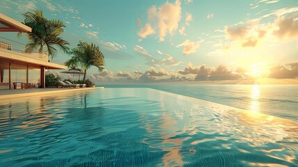 Wall Mural - A stunning sunset view seen from an infinity pool at a luxurious tropical villa, surrounded by palm trees and serene ocean views, offering ultimate tranquility and relaxation.