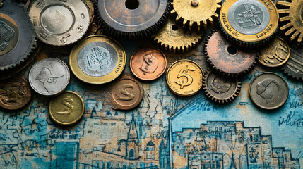 Close Up of Old Coins and Gears on a Vintage Map Background