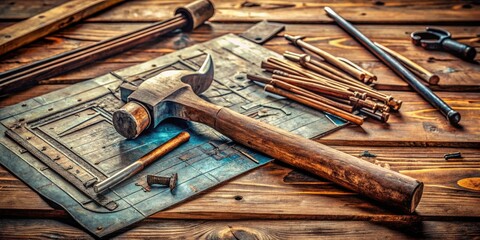 A rusty old hammer rests on a wooden table, surrounded by scattered tools and scattered blueprints, evoking a sense of DIY creativity and hands-on industry.