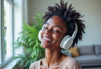 Wall Mural - Relaxed Woman Enjoying Music with Headphones