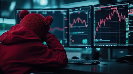 Wall Mural - Bear in red suit analyzing downtrend candlestick chart - stock market concept