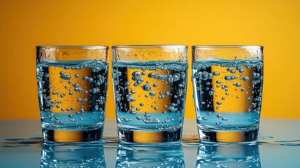 Poster - Three Glasses of Sparkling Water with Yellow Background