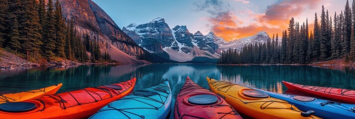 Kayak boat in still quiet lake water with snow mountain forest