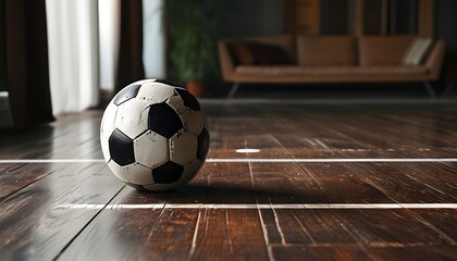 soccer ball resting on dark wooden floor