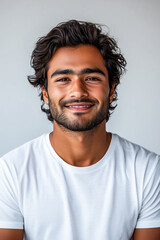 Young  man wearing casual white t shirt happy face smiling with crossed arms looking at the camera. positive person.