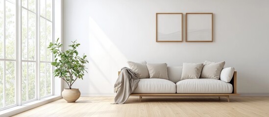 Fototapete - Concept of a bright Scandinavian living room featuring a sofa a plant vase on the wooden floor and artwork on the spacious wall alongside a white landscape visible through the window 3D illustrati